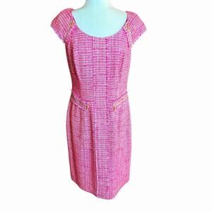 Kay Unger Silk Tweed Dress Pink Cap Sleeves 10 Preppy Prep Old Money Classic